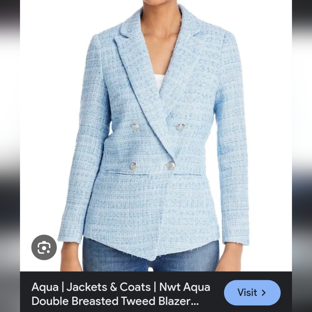 NWT Aqua / Central Park West Silvie Double Breasted Tweed Blazer Jacket Blue
